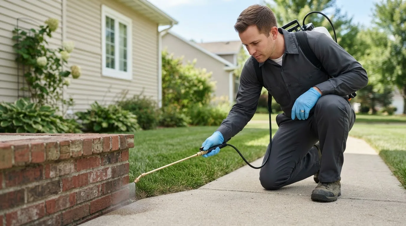 Pest control technician treating a home near Westfall, OR